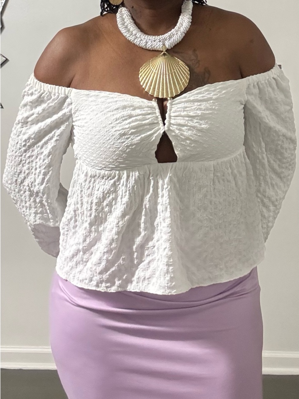White Off-Shoulder Textured Peasant Tunic
